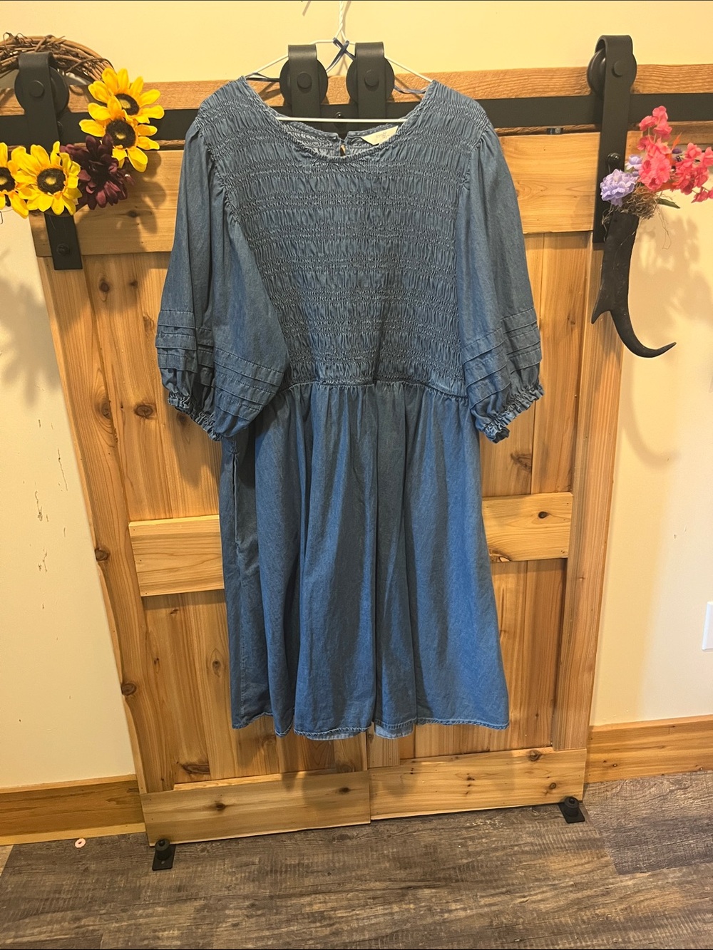 Terra & Sky Washed Denim Smocked Midi Dress - Light Blue